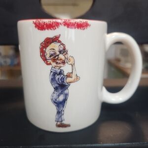 White Ceramic Mug with Red and Blue Design